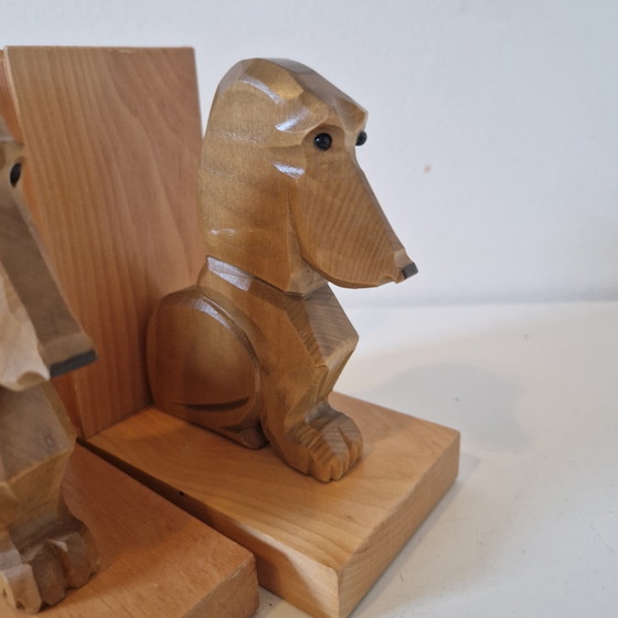 Image 1 of Set di fermalibri vintage a forma di bassotto, fermalibri in legno anni '60, bassotto