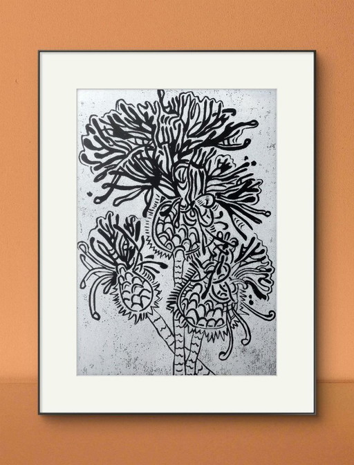 Prunellier, Linogravure, A3, Imprimé à la main, Art botanique, Edition limitée