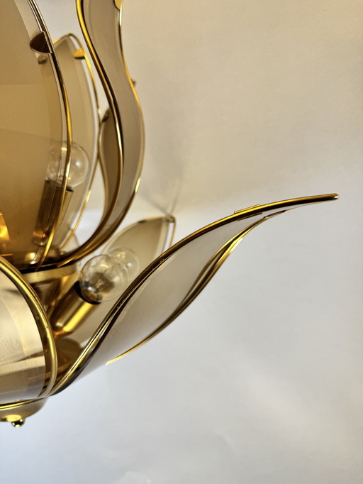 Large vintage 'Lotus' pendant lamp of smoked glass and brass - Hollywood Regency style