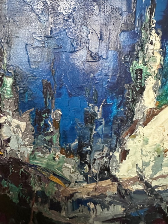 Image 1 of Johannes H.H. Bévort – Abstract-expressionistisch stadsgezicht / marktscène – olieverf op doek (1971)