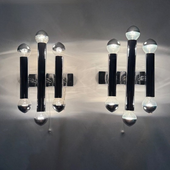 Image 1 of Paar Gaetano Sciolari Wandlampen Leuchter Chrom Rohr , 1970er Jahre