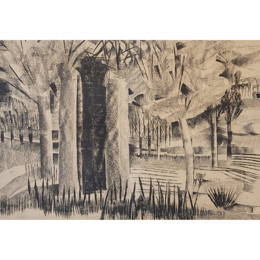 Dibujo A Carboncillo Sobre Papel “Bosque”, Joan Granados Llimona, 1977- España