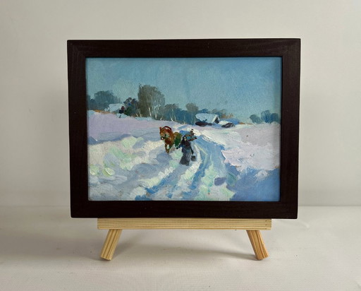 Original Oil Painting Winter Field Landscape Winter journey with a horse