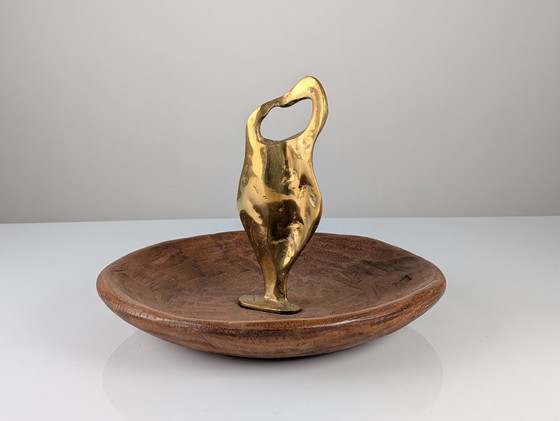 Image 1 of Sculpture en bronze et bois de David Marshall, coupe à fruits, style brutaliste organique, années 1980