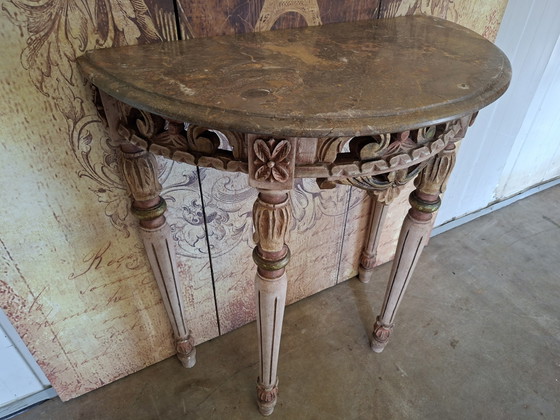 Image 1 of Antique Baroque wall console, side table. Hall table with mirror, dimensions 68x36 cm and 76 cm high.
Small repair to marble top