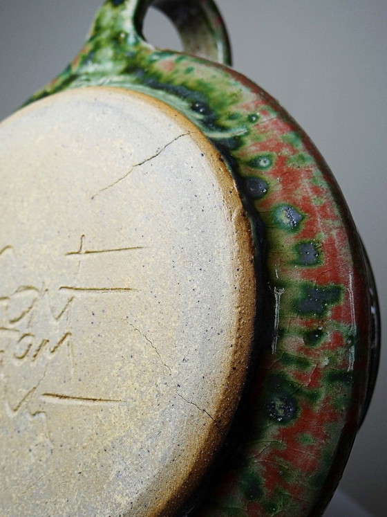 Image 1 of Saucière en grès émaillé Fontgombault, rouge et vert, vintage 1960-1970
