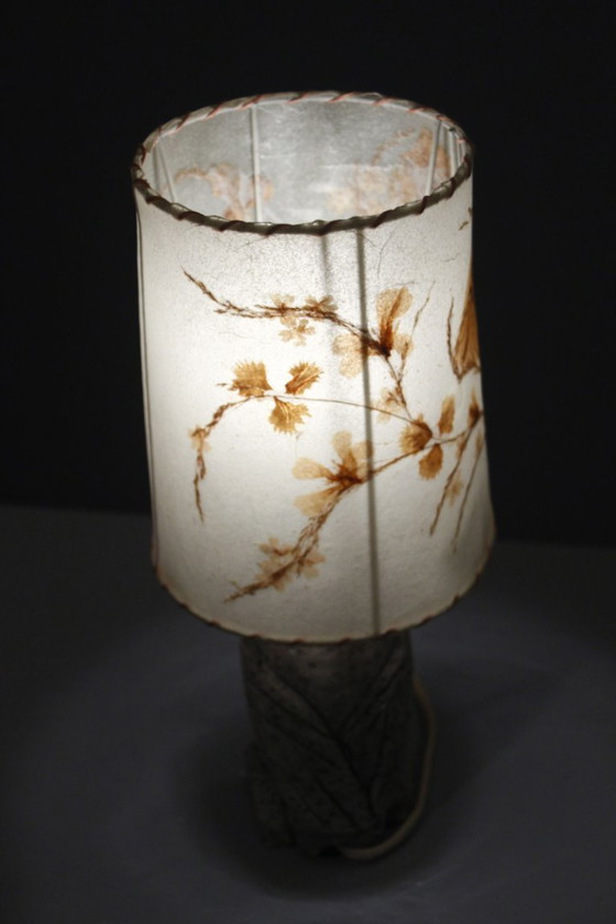 Image 1 of Lampe chouette hibou vintage 1970s plâtre peint abat jour herbier