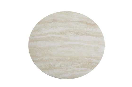 Image 1 of Mesa de centro FAMOUS - Base de travertino y tablero de cerámica efecto travertino brillante - Ø80 cm