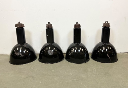 Set of 4 Industrial Bauhaus Black Enamel Pendant Lamps, 1950s