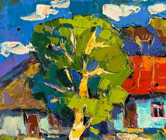 Image 1 of Original Oil Painting Day Village Landscape Village under summer