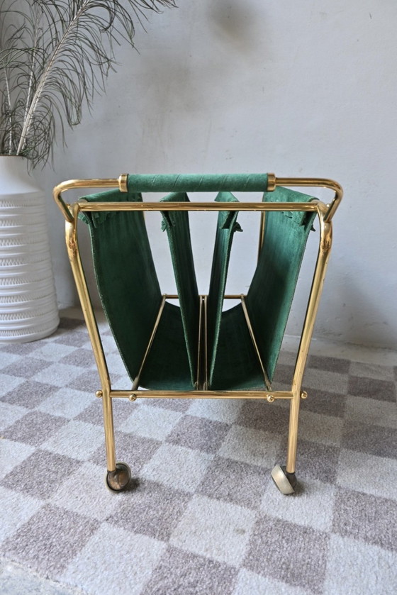 Image 1 of Brass Lectern on wheels, green suede upholstery