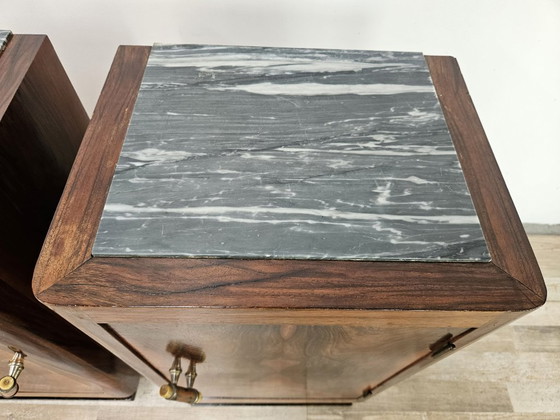 Image 1 of Pair of 1930s Art Deco bedside tables in walnut burl with marble top
