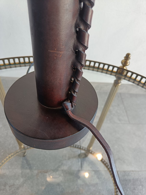 Image 1 of Lampada da tavolo italiana degli anni '70 in pelle con paralume annodato a mano.