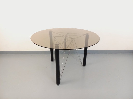 Vintage round dining table in smoked glass, black metal and chrome metal from the 80s