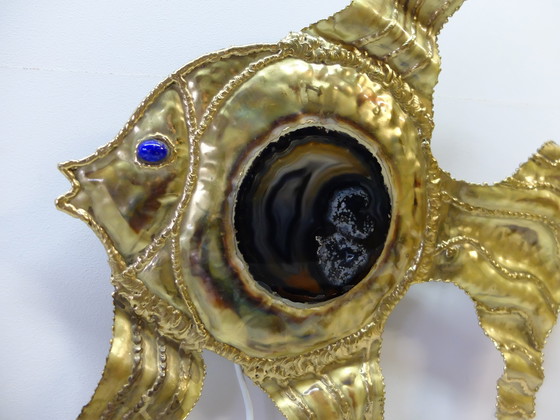 Image 1 of Henri Fernandez, Lampada da parete a forma di pesce in ottone, firmata