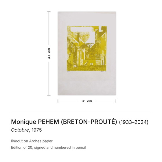 Monique PEHEM (BRETON-PROUTÉ) Signée Linogravure Octobre 1975 – Lithographies et sérigraphies, Paper (photo 3 of 5)