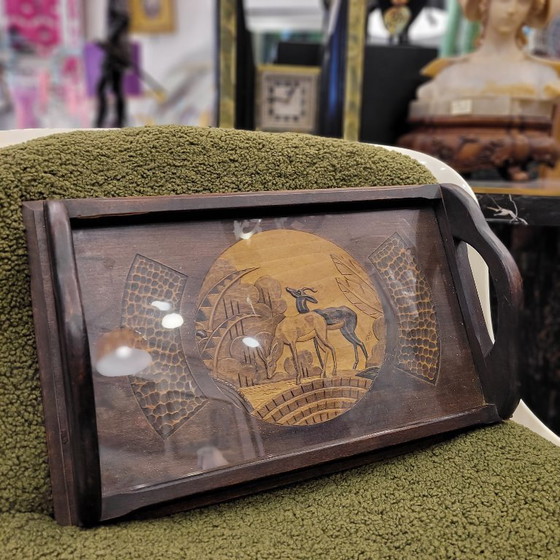 Image 1 of Tablett mit Antilopenschnitzerei, Holz, Art Deco, ps XX - Frankreich