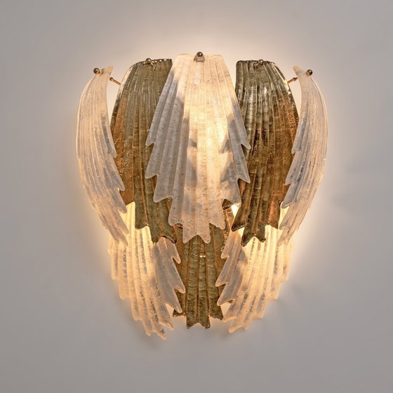 Image 1 of Italian Art Deco Style Murano Glass and Brass Leaf Wall Sconces, Pair