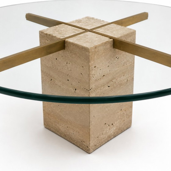 Image 1 of Vintage Round Coffee Table with Thick Glass Top and Travertine Base