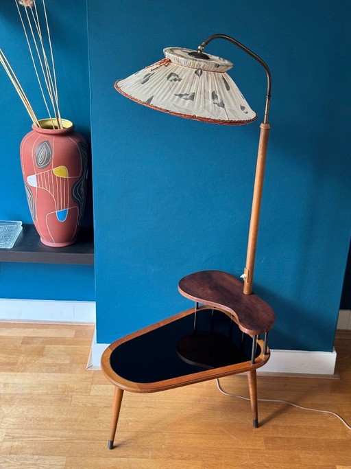 Lampada da terra vintage con tavolino in stile Halabala, anni '50.