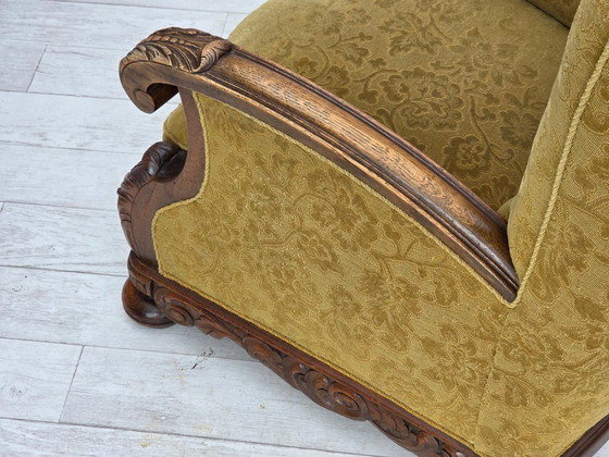 Image 1 of 1960er Jahre, dänischer Sessel mit hoher Lehne, Möbelwolle, massives Eichenholz.