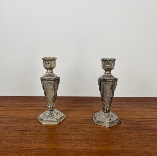 Pair of Art Deco Silver-Plated Metal Candlesticks, France