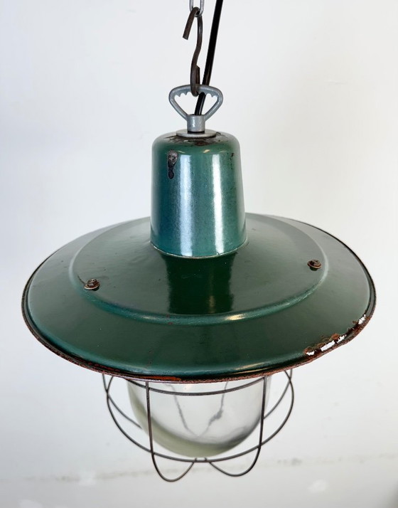 Image 1 of Industriële groene emaille kooi hanglamp, jaren 60