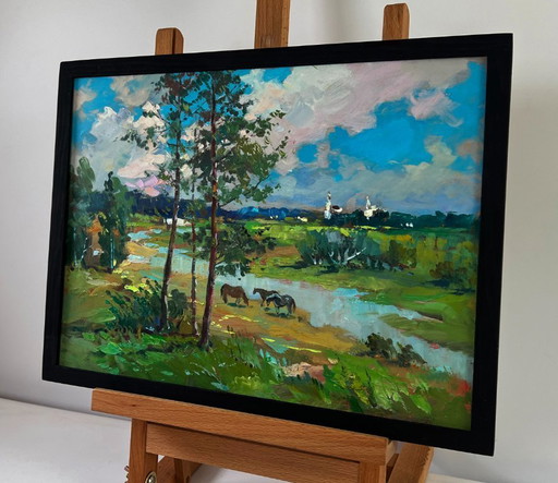 Original Oil Painting Summer Field Landscape Horses by the river