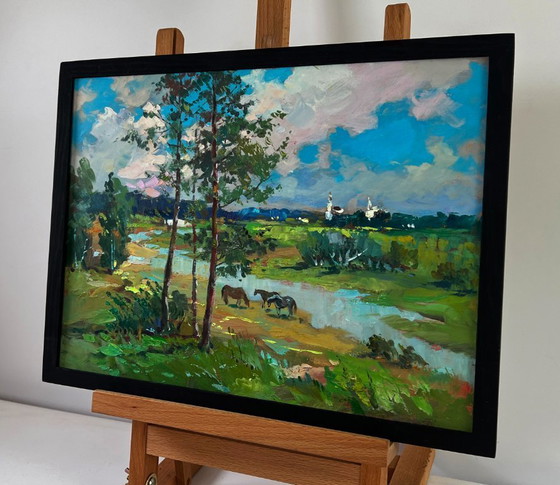 Image 1 of Original Oil Painting Summer Field Landscape Horses by the river