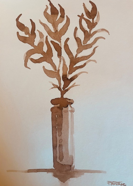 Image 1 of Painting, monochrome sepia still life "dried flowers", signed