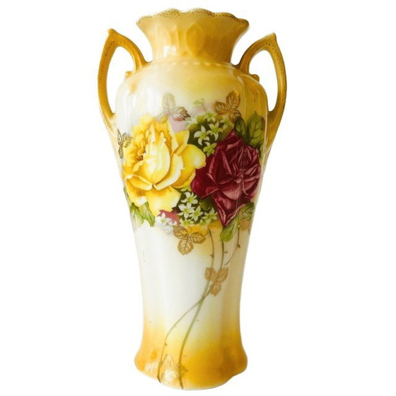 Vintage Art Nouveau Style Small Vase Yellow Pink Gold Flowers 1970s – Ceramic (photo 3 of 9)
