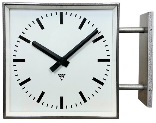 Large Industrial Square Double Sided Factory Wall Clock from Pragotron, 1970s