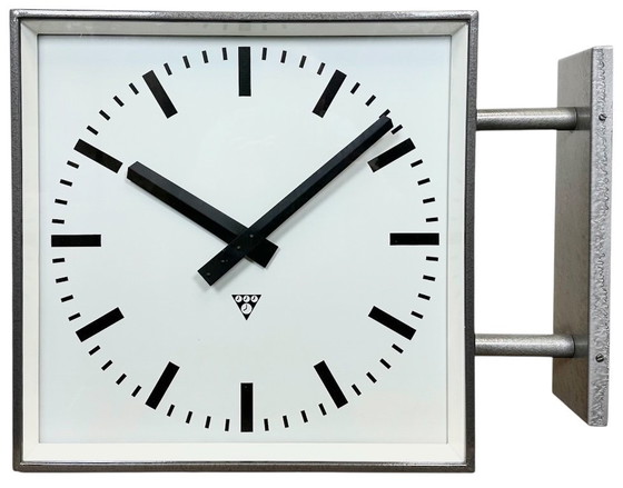 Image 1 of Large Industrial Square Double Sided Factory Wall Clock from Pragotron, 1970s