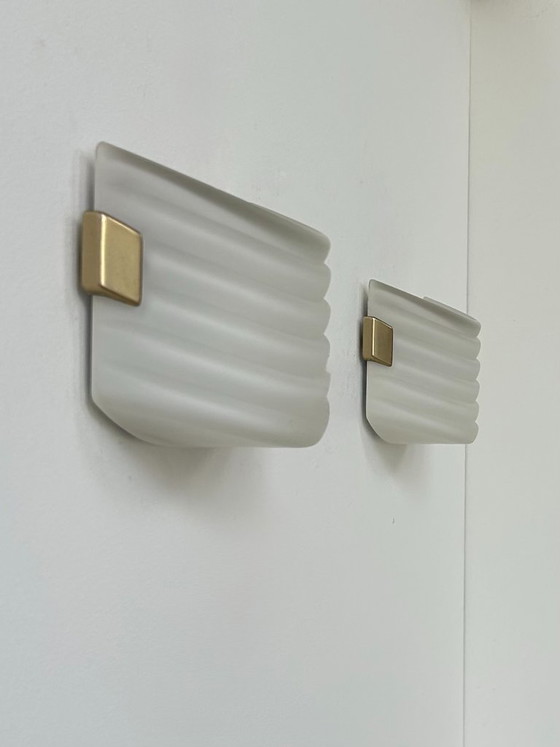 Image 1 of Pair of vintage wall lights, opaline glass and brass, France 1970