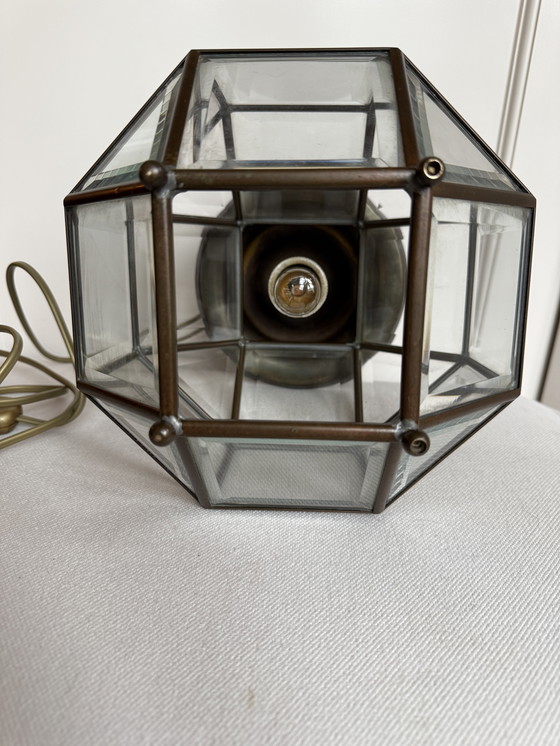 Image 1 of Amsterdamse School lantaarnlamp,messing/koper,facet geslepen glas
