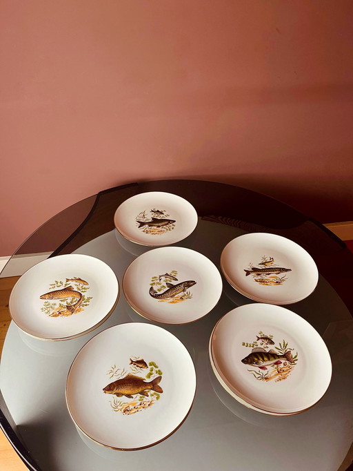 Ensemble de 6 assiettes à poissons d'eau douce de Limoges