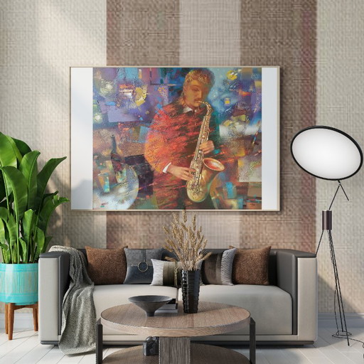 Original Oil Painting Abstract Musician Saxophone Night Blues – schilderijen tekeningen, Canvas (photo 2 of 9)