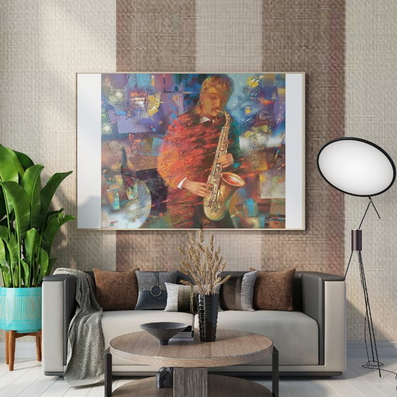 Original Oil Painting Abstract Musician Saxophone Night Blues – Paintings & Drawings, Canvas (photo 2 of 9)