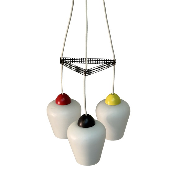 Image 1 of Vintage 50’s MCM Hanging pendant - Frosted / semi translucent white glass and multi color top - Attr. Louis Kalff / Phillips - s