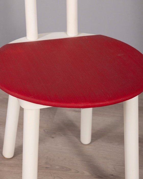 Image 1 of Set di 4 sedie vintage anni '80 in legno e vinile rosso, design italiano.