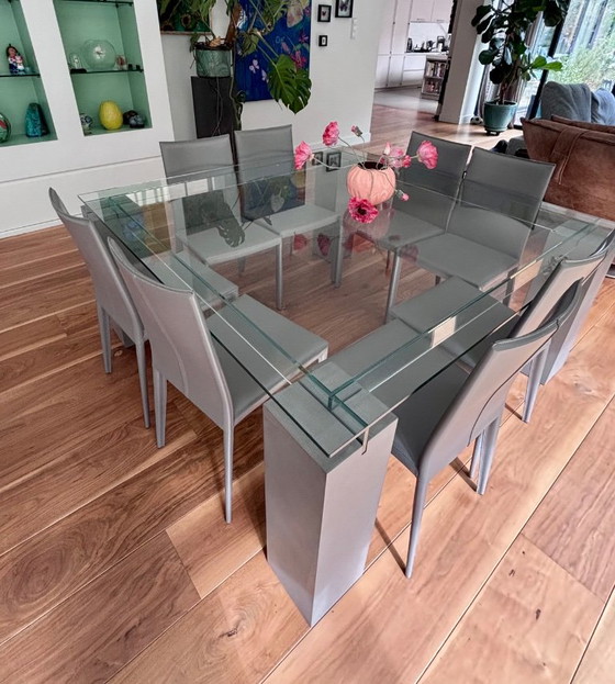 Roche Bobois Tenere Dining Table with 8 Alex Leather Chairs, Dining set, Glass, Grey (photo 4 of 7)