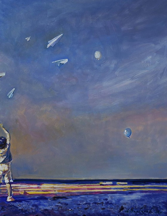 Original Oil Painting Modern Art Symbolism Sky White Wings – Paintings & Drawings, Canvas (photo 7 of 7)