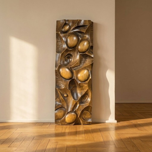 Panneau mural en bois sculpté en relief, art mural, milieu du XXe siècle, 55 × 20 × 5 cm – beeldhouwkunst, Wood