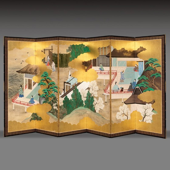 Image 1 of Antico paravento giapponese a sei pannelli con raffigurazione della storia di Genji.