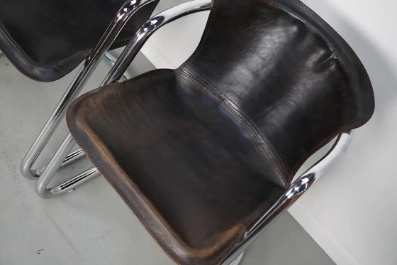 Image 1 of Set van vier bruine leren eetkamerstoelen, Willy Rizzo, jaren 1970