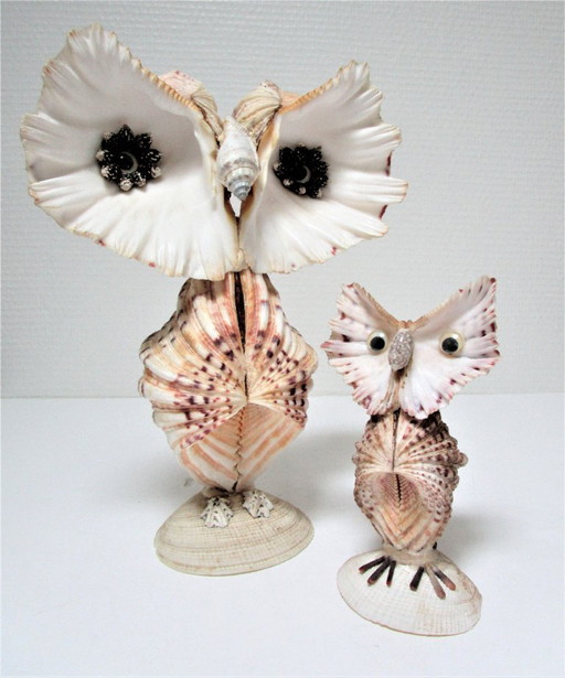 two vintage sculptural shell owls