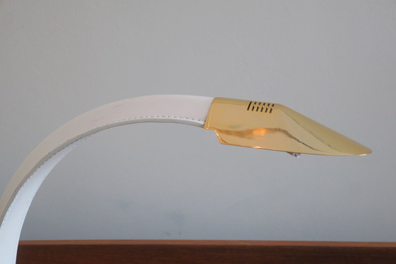 Image 1 of Vintage Italian Inscribed Leather and Gold-Plated Brass Cobra Table Lamp, 1970s