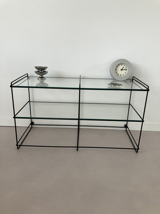 Vintage Wandkastje Zwart Met Glazen Plaatjes – wandrek, Metal, Glass