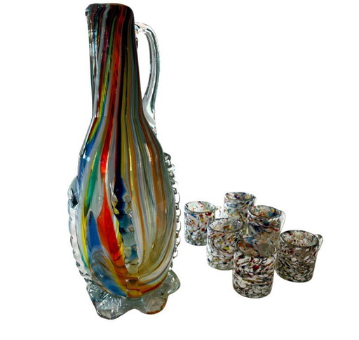 Murano Style Glass Decanter Set with 6 Cups – Colorful Art Glass Pitcher – Vintage Italian Style