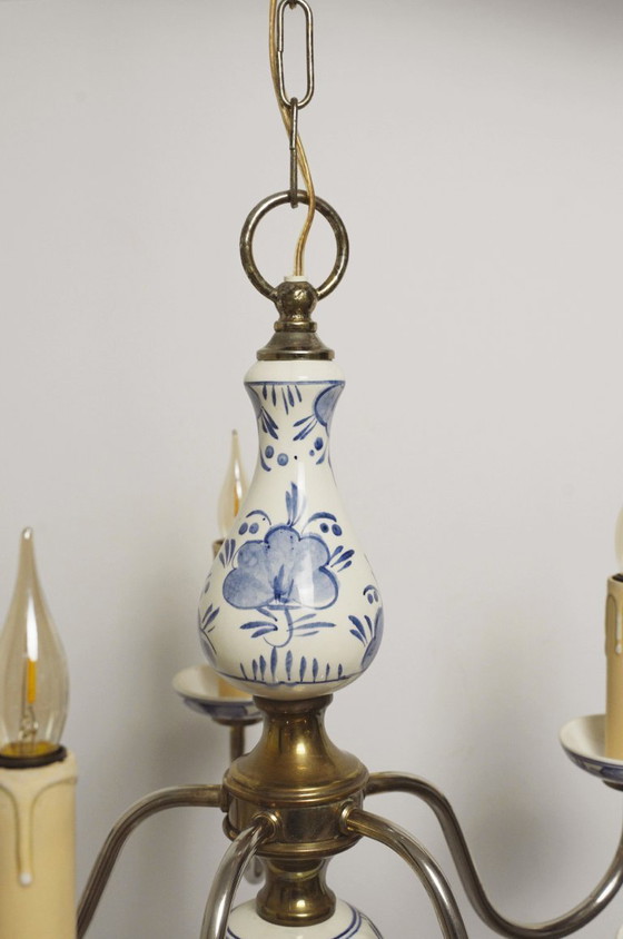 Image 1 of Antique Delft Blue Porcelain Chandelier Dutch Ceramic Ceiling Light Blue White Farmhouse Cottagecore Lighting